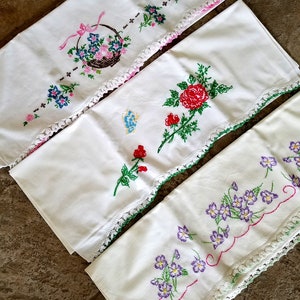 Pillow Cases Embroidered Roses Violets Flower Basket Handmade Pink Green Crochet Edge Mismatched Set of Three 1950s Vintage