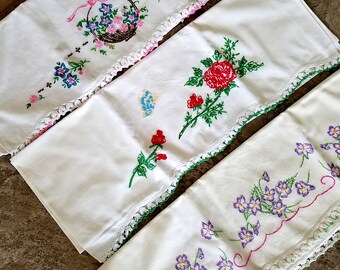 Pillow Cases Embroidered Roses Violets Flower Basket Cotton Pink Green Crochet Edge Mismatched Set of Three 1950s Vintage