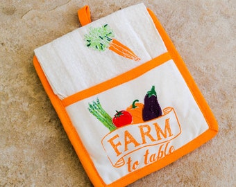 Veggie Pot Holder Kitchen Towel Orange Décor Kitchen Vintage Set of Two New Old Stock - Unused Vintage