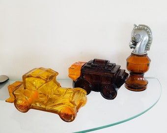 Avon Bottle Collection Packard Roadster Stagecoach Horse Knight Amber Bottles Set of Three Vintage Collectibles