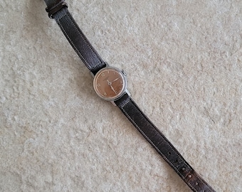 Vintage Wrist Watch Copper Dial Imperial Womens Brown Leather Band Analog Mechanical 1950s