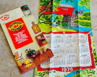 Vintage Linen Tea Towel Calendar Pure Linen 1976 Rich Colors Red Barn Boy Fishing New Old Stock Original Packaging