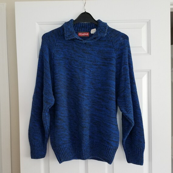 Vintage Sweater Blue Button Collar Long Sleeve Wo… - image 1