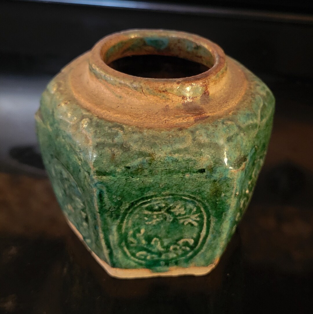 Antique Ginger Jar Chinese Shiwan Green Glazed Earthenware Pottery
