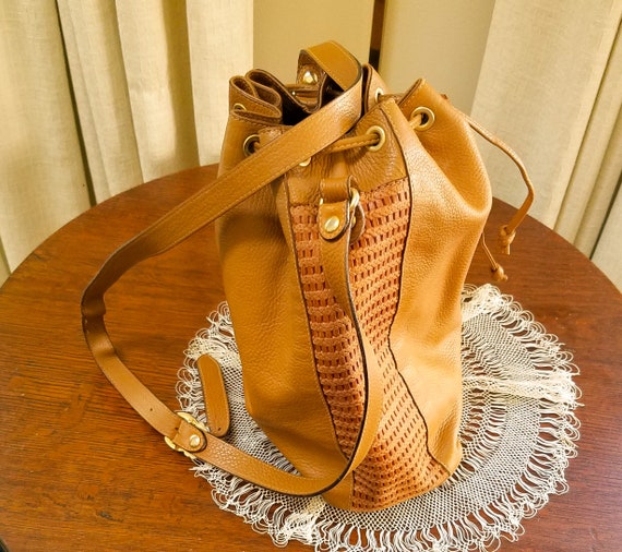 Vintage Leather Hobo Bucket Bag Drawstring Brown … - image 4