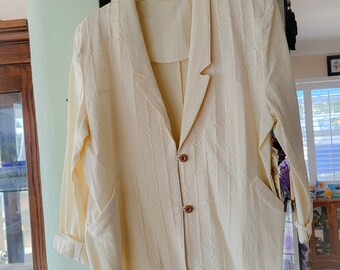 Womens Retro Cotton Loose Jacket Ivory Cream Woven Waffle Front Unused With Tags Mexico Large