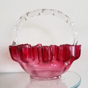 Vintage Fenton Cranberry Glass Basket: Ruffled Edge, Twisted Handle