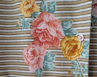 Vintage Womens Blouse Floral Stripe Orange Gold Tan QPS Missy 14 Button Down Short Sleeve 1980s