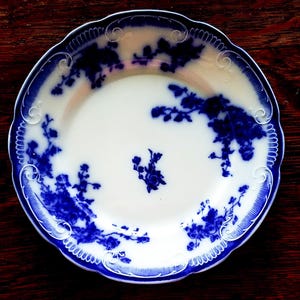 May include: A blue and white porcelain plate with a floral design. The plate has a scalloped edge and a raised rim.