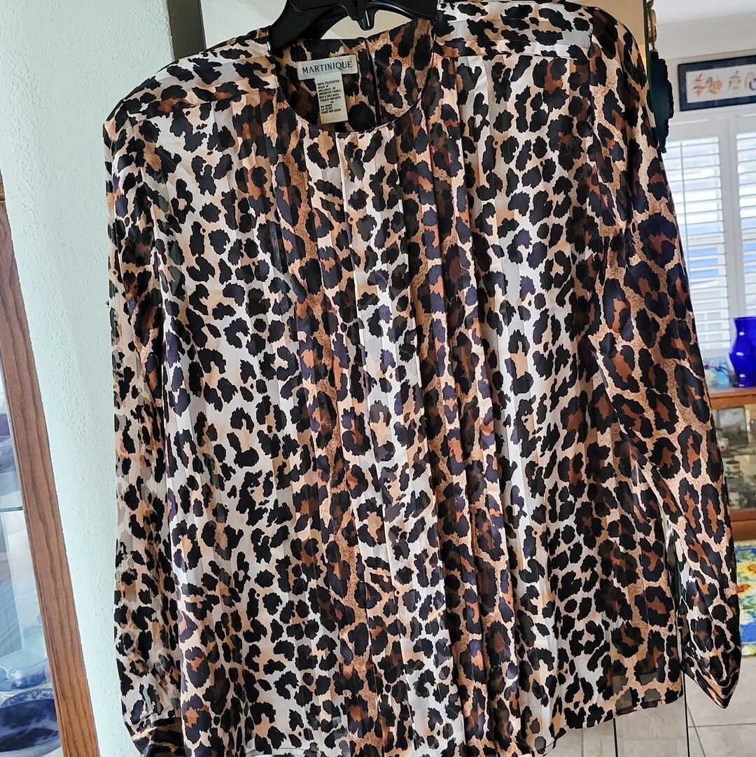 Leopard Print Blouse: Gold Metallic Sheer Satin, Size 14 Holiday Wear ...