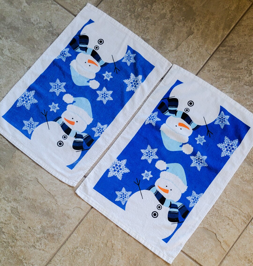 Vintage Holiday Hand Towels Kitchen Towels Snowmen Stars White Etsy