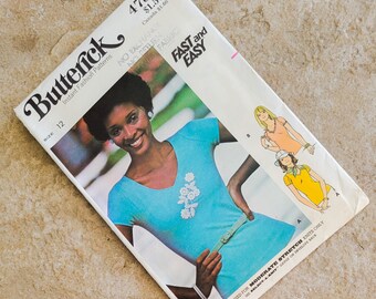 Vintage 1970s Butterick Pattern 4786 Misses Tee Shirt Top Blouse Vee Neck Size 12 Bust 34 Inch 26.5 Inch Waist