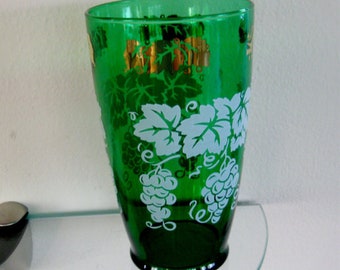 Vintage Ice Tea Tumbler Green  Anchor Hocking Grape Vine Graphic White Gold Leaves 1950s