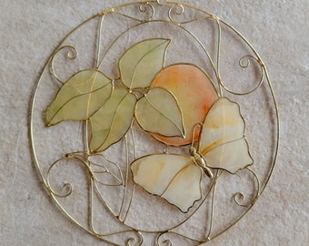 Vintage Butterfly Sun Catcher Leaves Sun Faux Stained Glass Orange Green Gold Metal Surround Round