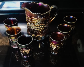 Imperial Glass Grape Pattern - Peacock Carnival Water Set