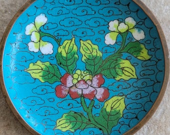 Vintage Chinese Cloisonne Enamel Trinket Dish Plate Small Floral Design Orange Aqua Blue Green 1920s