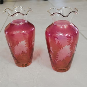 Vintage Cranberry Glass Bud Vases: Etched Floral Ruffled Pair