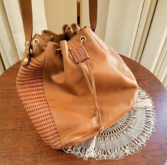 Vintage Leather Hobo Bucket Bag Drawstring Brown … - image 3