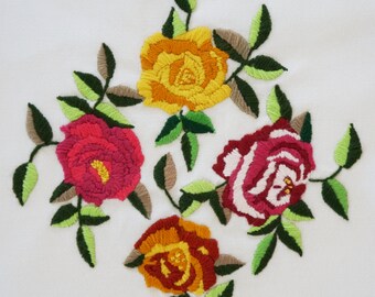 Vintage Embroidered Crewel Cabbage Rose Floral Needlework Fabric Panel Red Gold Pink Green 1980s