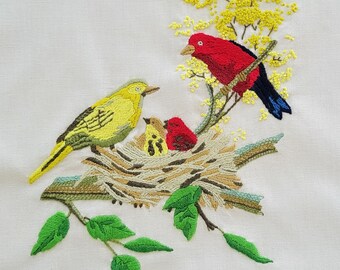 Vintage Bird Crewel Embroidery Scarlet Tanager Avon Creative Needlecraft Hand Embroidered Wool Yarn 1970s