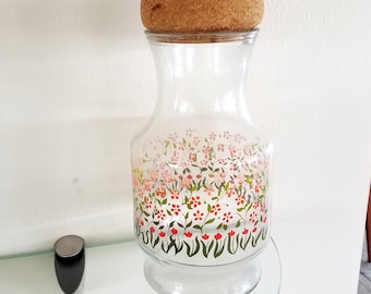 Vintage Juice Pitcher Juice Jar Tulips Daisies Floral Spring Flowers Orange Coral Pink Cork Stopper