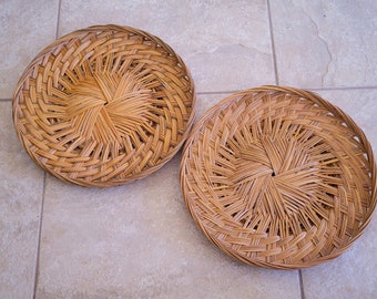 Vintage Rattan Wall Decor Plates Chargers Large Round Trays Wicker Retro 1970s Set of Two