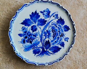 Vintage Porceleyne de Fles Royal Delft Wall Plate Blue Floral Hand Painted Scalloped Edge Authentic Delft