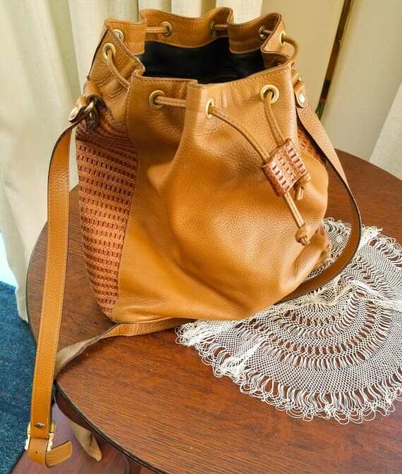 Vintage Leather Hobo Bucket Bag Drawstring Brown … - image 1