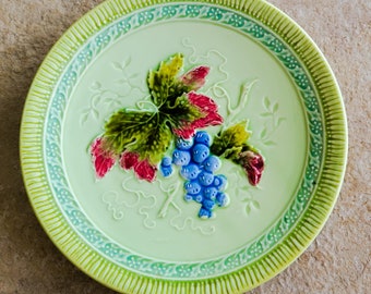 Majolica Plate Blue Grapes Green Raspberry Leaves Embossed Royal Crown Zell Made In Germany