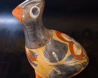 Tonala Pottery Bird Figurine: Mexican Folk Art Bird Floral Decor