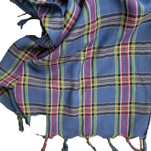 Scarf Shawl Tartan Plaid Woven Blue Navy Green Pink Cotton Rayon Fringed Oblong Vintage