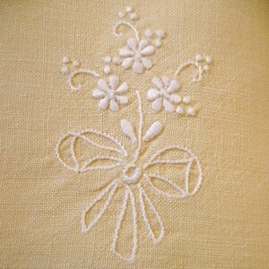 Vintage Doily Embroidered Floral White on Pale Yellow Small Oblong Set of Five 1950s image 1