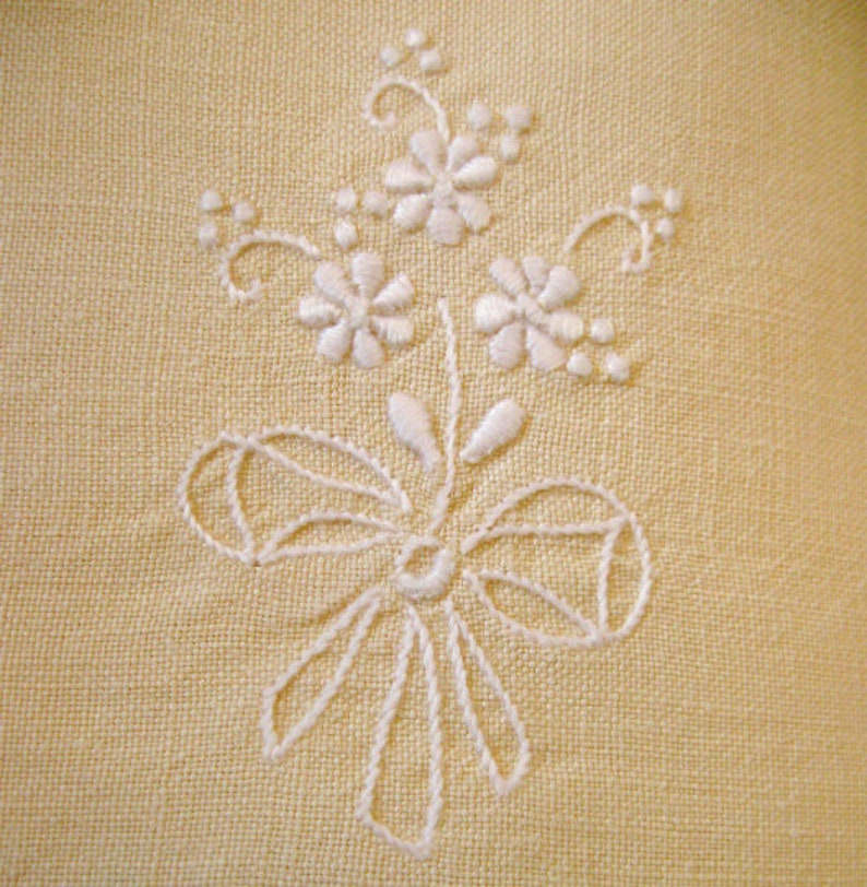 Vintage Doily Embroidered Floral White on Pale Yellow Small Oblong Set of Five 1950s image 1