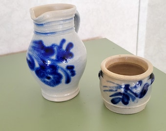 Salt Glaze Pottery Pitcher & Tea Light Holder Set: Cobalt Blue Floral Stoneware