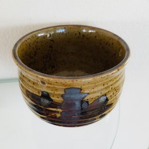May include: A brown ceramic hanging planter with a speckled glaze and dark brown and blue accents. The planter has three drainage holes.