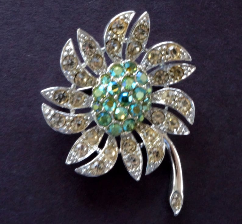 Vintage Rhinestone Brooch Earrings Set Sarah Coventry Mountain Flower Aurora Borealis Peridot Green 1968