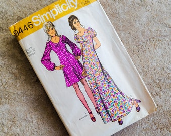 Vintage Sewing Pattern Dress Maxi and Mini Narrow Shoulder Look Puff Sleeve Simplicity 9446 Baby Doll Mod Size 9 Bust 32 1971