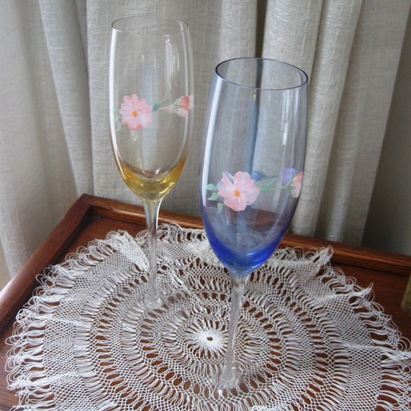 Vintage Champagne Glass Flutes Wedding Toast Glasses  Hand Painted Blue Gold Set of Two