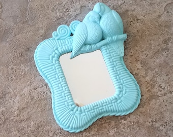 Vintage mirror Aqua Blue Lovebirds: Faux Bamboo Wicker Frame