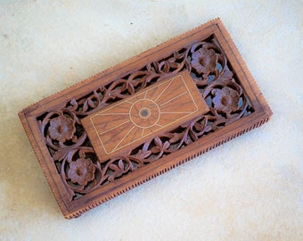 Carved Wood Trivet Floral Design Hand Made Rectangle Brass Inlay 1970s Vintage