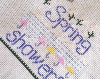 Vintage Cross Stitch Spring Showers Sampler Needlework Purple Pink Green Butterfly 1980s