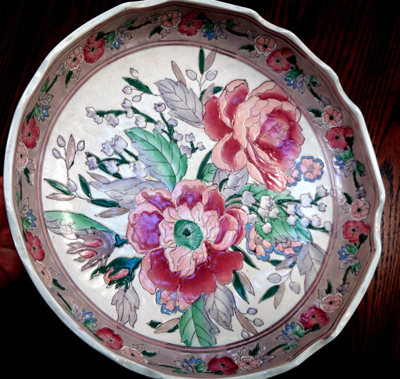 Vintage Cabbage Rose Bowl Dish Floral Ceramic Roses Pink Round Etsy