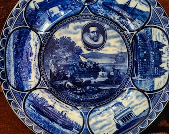 Historical Plate Landing of Hendrick Hudson Staffordshire England Cobalt Blue Roland Marsellus Vintage