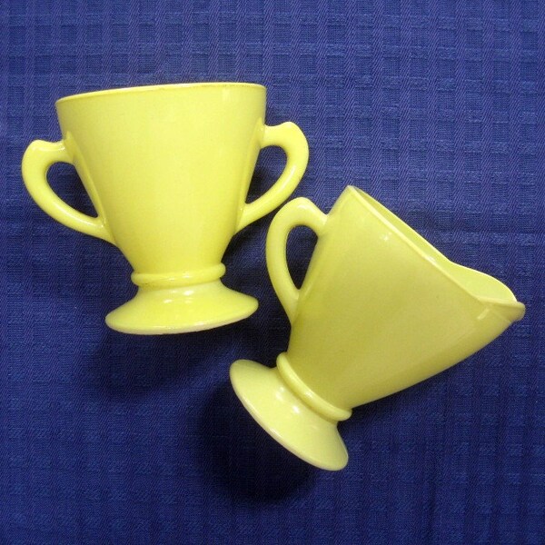 Vintage Cream and Sugar Set Hazel Atlas Depression Glass Yellow Green Chartreuse 1920s