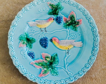 Vintage Majolica Birds Plate Robin’s Egg Blue Purple Grapes Germany Tin Glazed Ceramic