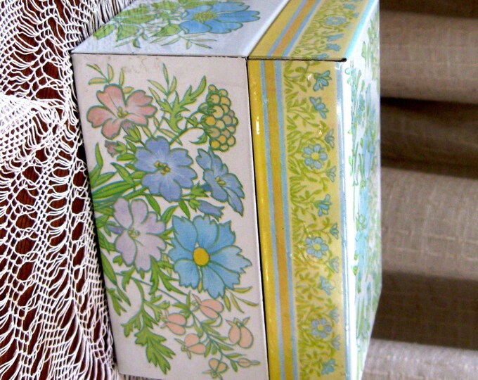 Vintage Recipe Box Metal Floral Hallmark File Organizer Yellow Blue