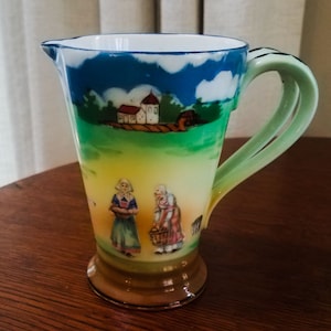 Vintage Royal Bayreuth Creamer Brittany Women Landscape Scene Seagulls Clouds Bonnet Girls 1910 Double Handle Green Blue