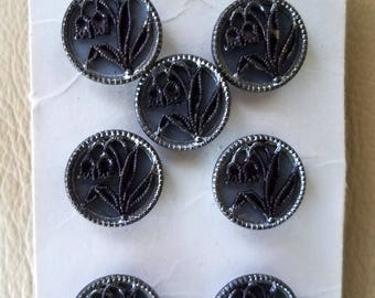 Vintage Victorian Cut Steel Buttons Picture Buttons Lilly of the Valley Floral Art Nouveau Original Sales Card 1900s Nine