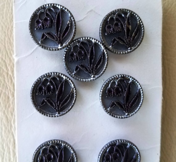 Victorian Cut Steel Buttons: Lily of the Valley Floral, 1900s Sales Card (Set of Nine)