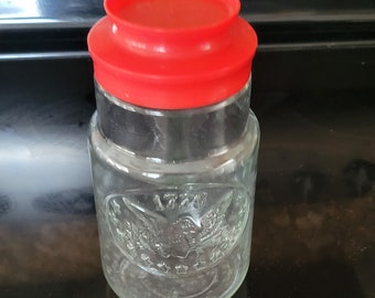 Vintage Glass Jar 1776 Bicentennial Glass Storage Anchor Hocking  Red Screw Cap Folgers Instant Coffee